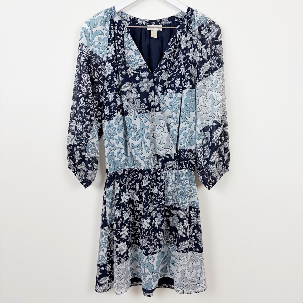 Ann Taylor LOFT Womens Surplice Dress Blue Floral 3/4 Sleeve Sz Medium Popover